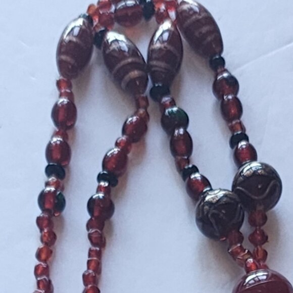 Necklace with beaded glass brown, orange, Murano style with inclusions 23" - Picture 1 of 7